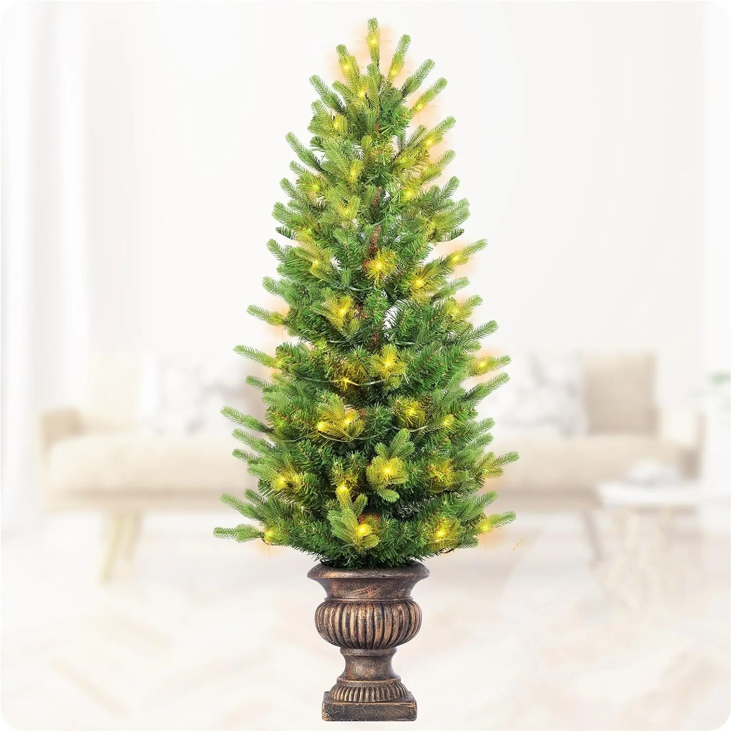 

4-футовая предварительно освещенная рождественская елка с 8 режимами освещения, праздничная елка для использования в помещении и на открытом воздухе для крыльца, патио, балкона