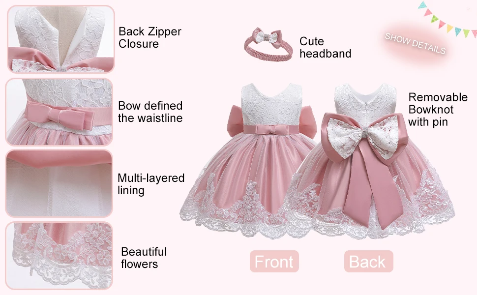 LZH Baby Mädchen Kleid Neugeborene Kleidung Prinzessin Kleid + Kopfbedeckung Für Kleinkind Geburtstag Hochzeit Taufe Kleinkind Party Weihnachten Kleid – Detail 2