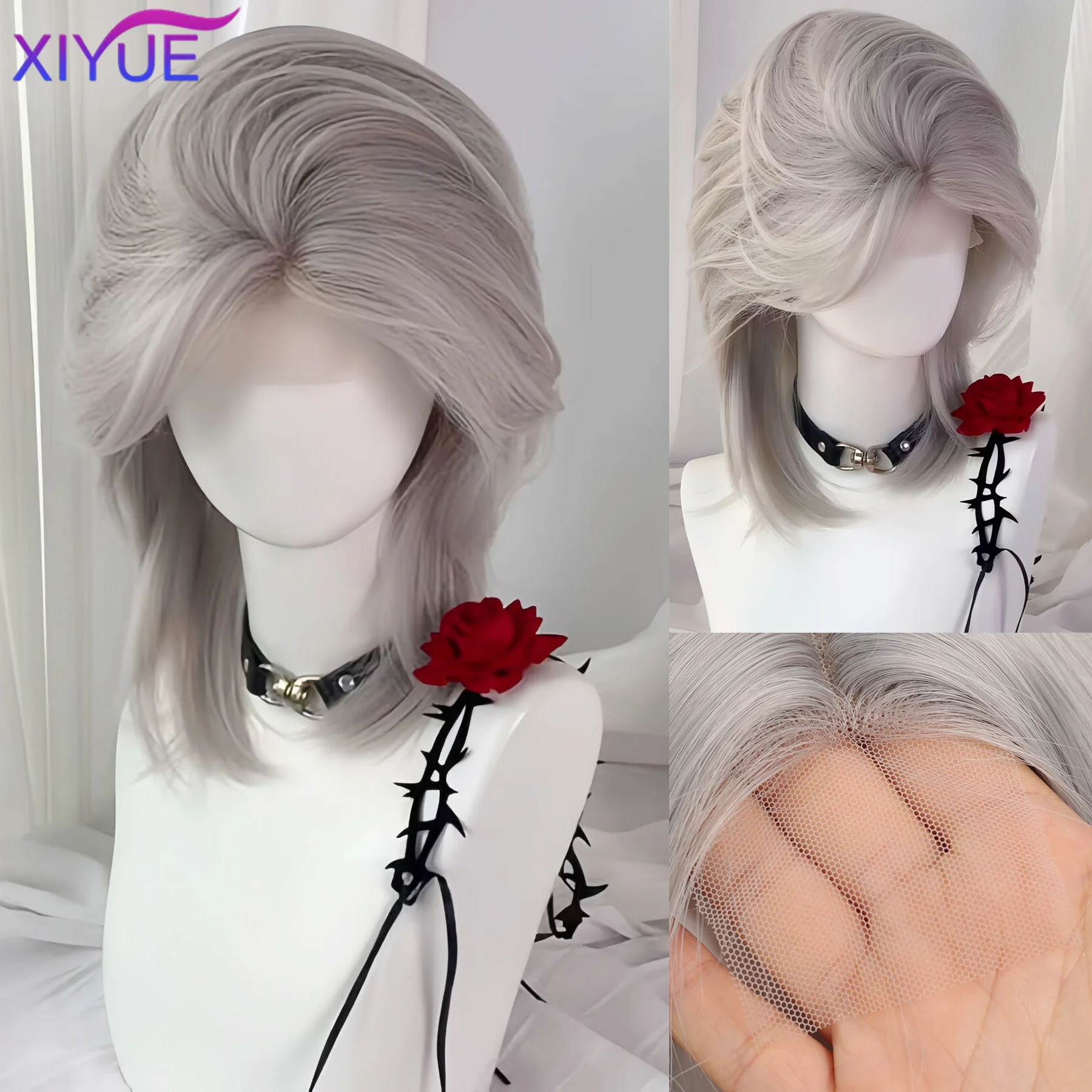 XIYUE Lolita Synthetic Wig Forehead Lace Wolf Tail Short Curly Hair silver grey Layering Daily Fluffy Wig Full Head