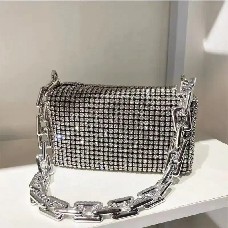 Allover Rhinestone Bucket Bag, brokatowa torebka na studniówkę z łańcuszkiem, damska mini torba na ramię