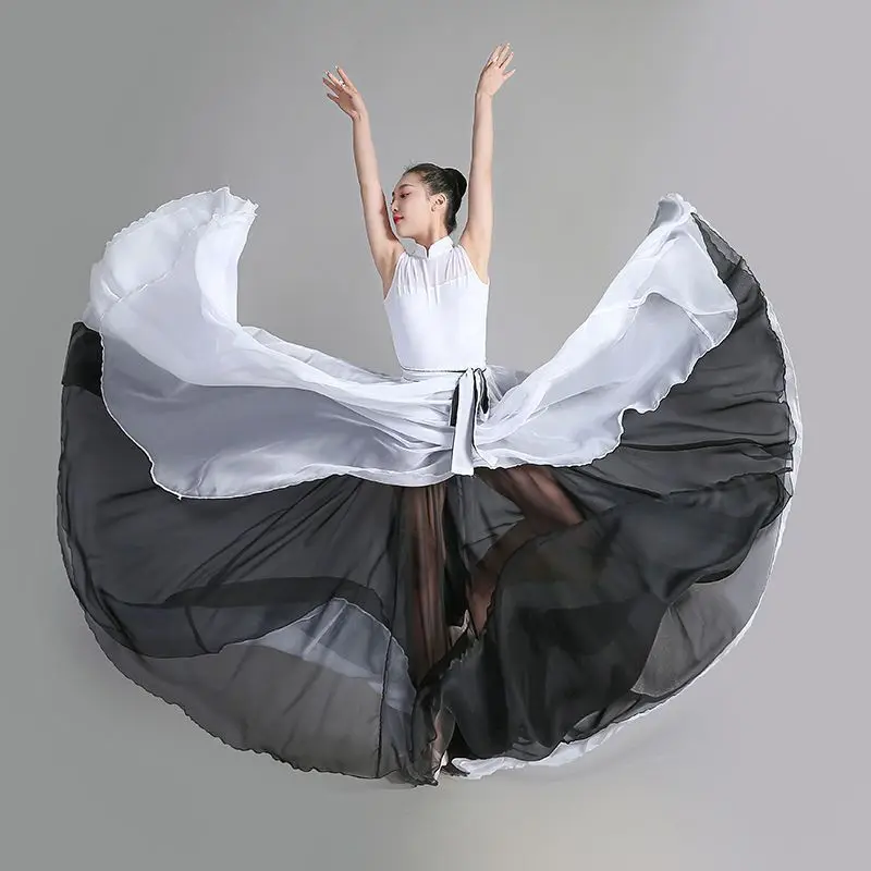 360-720 Degree Chiffon Skirt Ballet Belly Dance Women Two Layer Color Splicing Long Skirts Dancer Practice Wear Dance Skirt