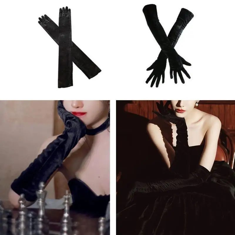 

652F золотые бархатные длинные перчатки, осенне-зимнее платье для ужина, женские перчатки, черные бархатные эластичные теплые на