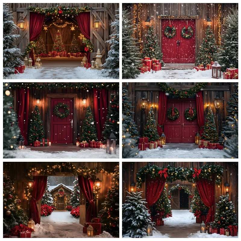 

Christmas Party Backdrop Photography Red Curtain House Xmas Trees Snowflakes Baby Family Portrait Photographic Background Props