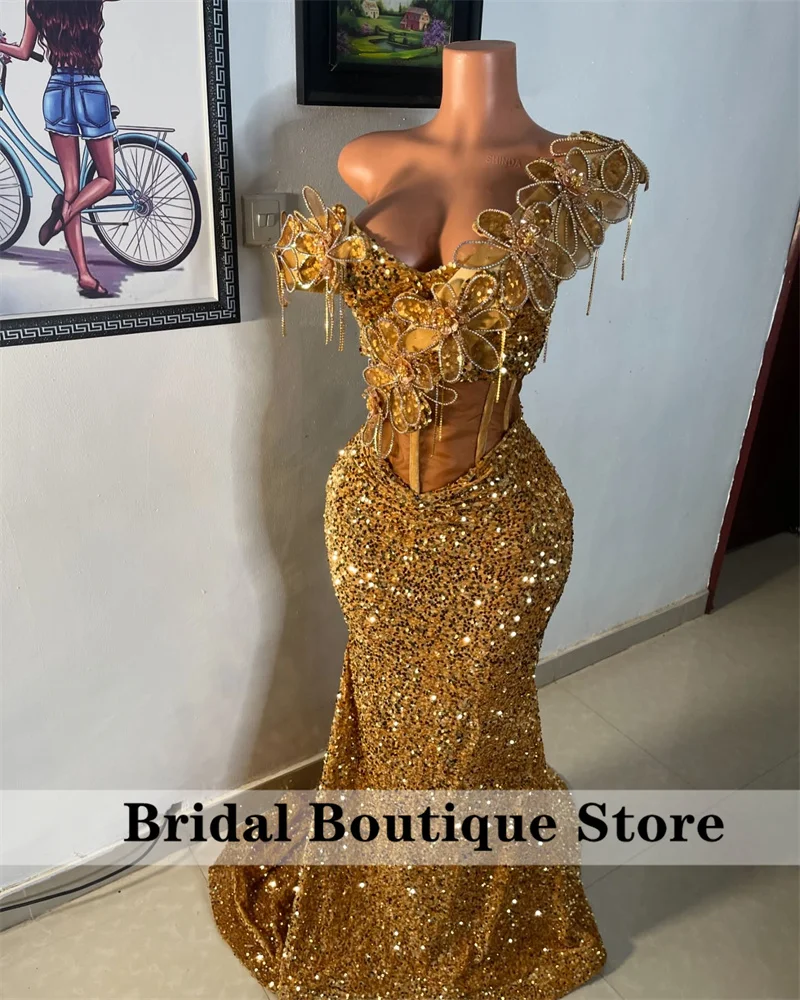 Sparkle Golden Aso Ebi Evening Dresses Sequin Gown Off Shoulder Crystals Appliques Mermaid Formal Prom Party Gowns Customized image 2