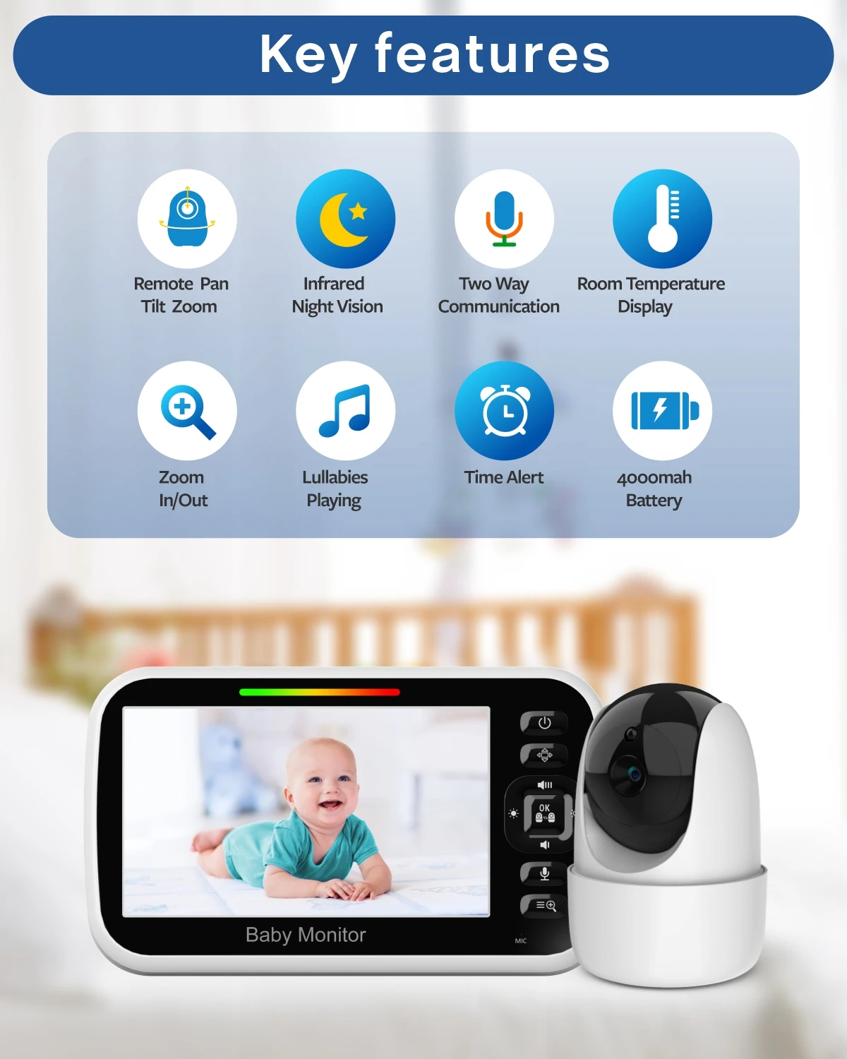 5Inch IPS Screen 4X Zoom 360Degree Wireless PTZ Baby Monitor Temperature Display Lullaby Nanny Cam Feeding Remind Baby Camera