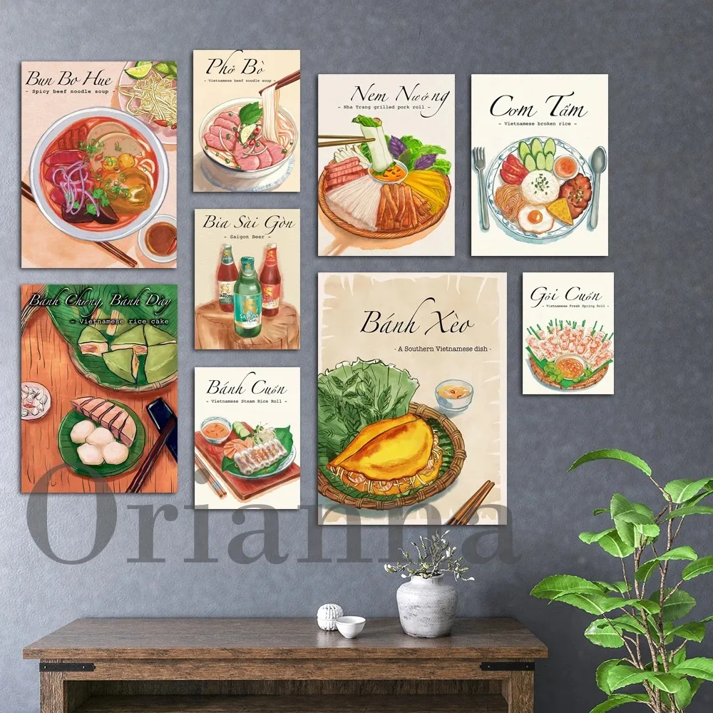 Ilustraciones de pared para el hogar con impresión HD, sopa de ternera, café, cerveza Saigon, pastel de arroz pegajoso de Vietnam, decoración moderna de cocina, cartel de lienzo de comida Retro