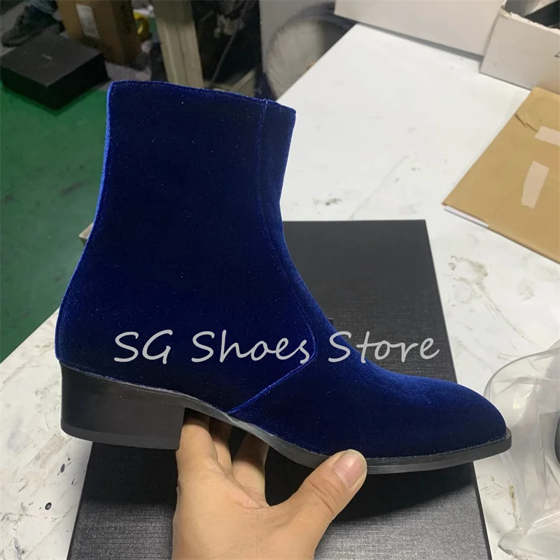 Luxury Blue Velvet Chelsea Boots for Men Pointed Toe Square Heels Zipper Side Ankle Boots Male High Heels Business Dress Shoes