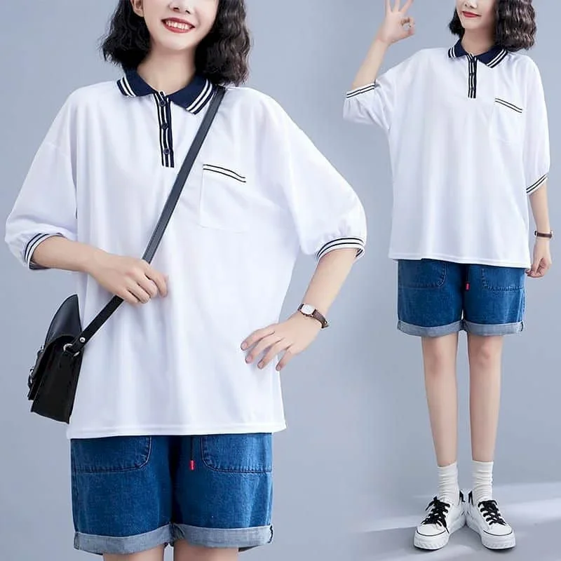 Popวรรณกรรมเสื้อยืดผู้หญิงเสื้อโปโลคอเสื้อลําลองหลวมเกาหลีแฟชั่นครึ่งแขนVINTAGE Aestheticเสื้อผ้าแนวโน้ม