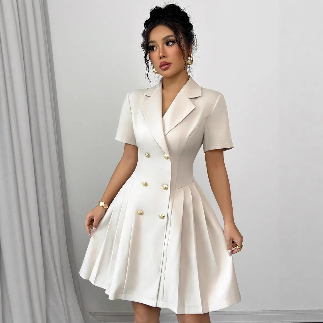 2025 صيف جديد بلون قصير الأكمام الخصر حزام مزدوجة الصدر فستان المرأة فساتين راقية رداء Vestido المرأة أنيقة