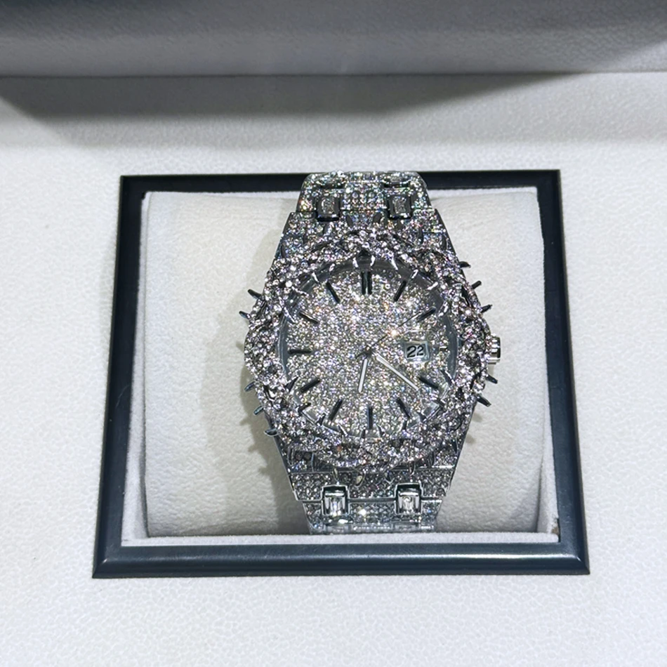 PINTIME ساعة سوداء رائعة للرجال الفاخرة شوكة تاج ساعات كوارتز موضة الهيب هوب مثلج الماس ساعة اليد رجل دروبشيبينغ
