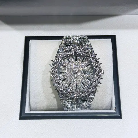 PINTIME Cool Black Watch For Men Luxury Thorn Crown Quartz Watches Fashion Hip Hop Iced Diamond Wristwatch Man Dropshipping