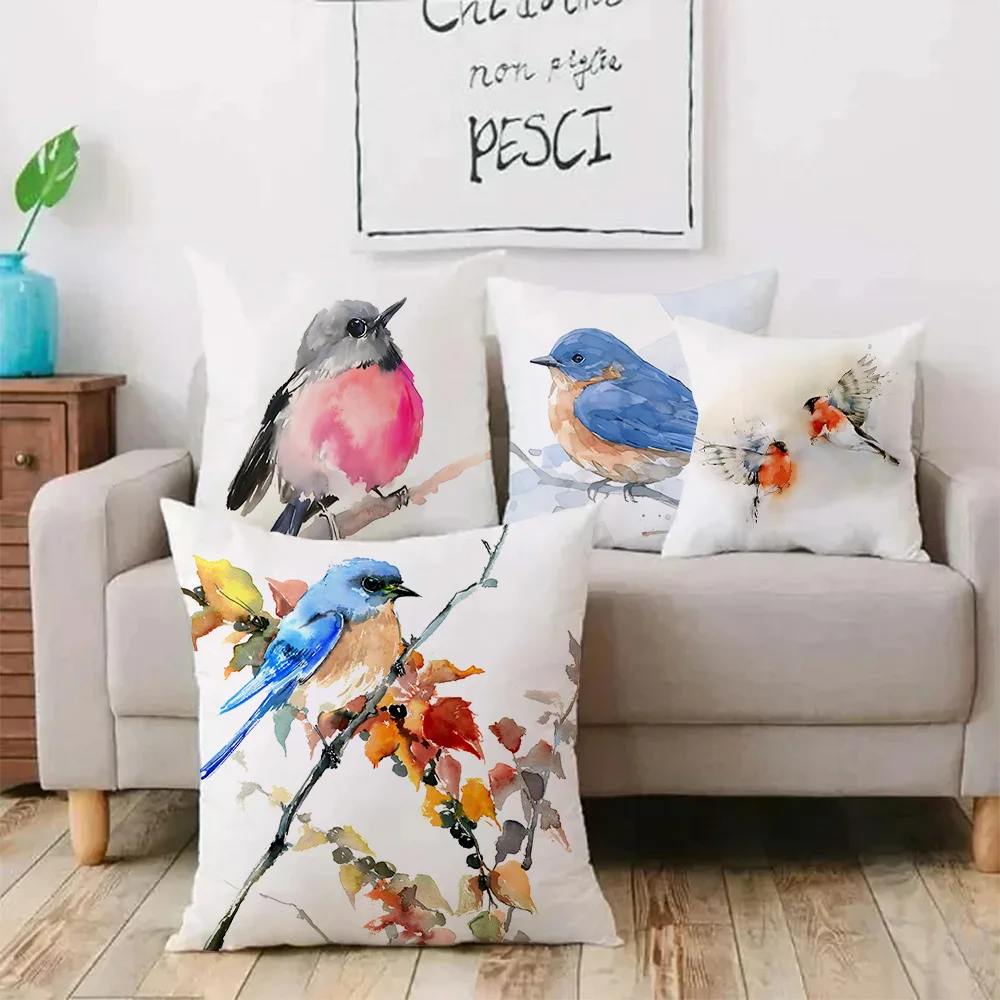 Watercolor Animal Birds Pillow Covers Cartoon Sofa Decorative Home Double-sided Printing Short Plush Cute Cushion Cover