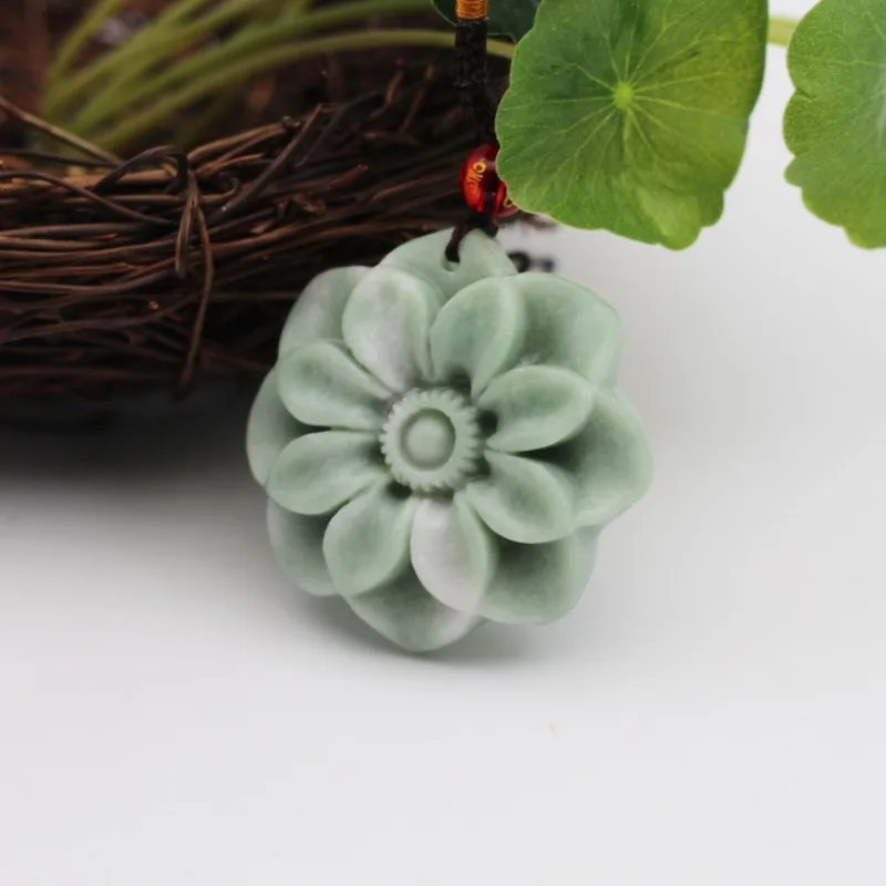 Chinese Natural White Green Jade Flower Pendant Necklace Hand-carved Fashion Charm Jewelry Stone Luxury Amulet Gifts for Women