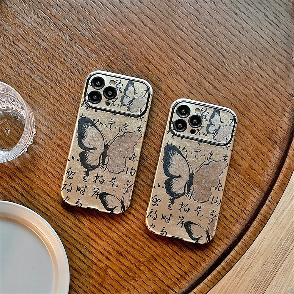 New Chinese Style Calligraphy Butterfly Large Window Veneering Phone Case For iPhone 15 14 13 12 Pro Plus Max Protective Cover