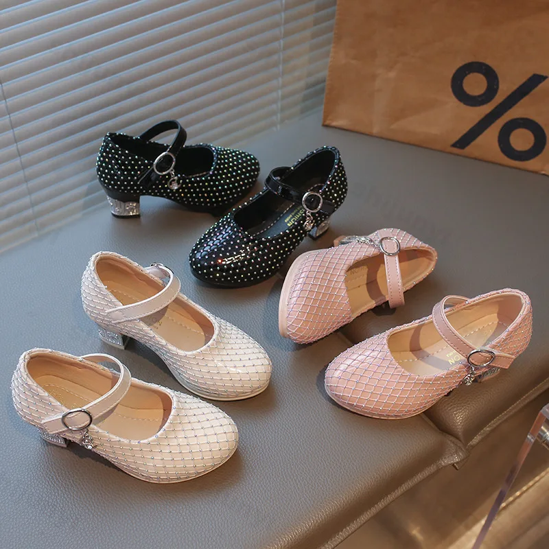 Girls Princess Shoes Spring 2026 New Children High Heels Leather Shoes Sparkly Sequins Dress Shoes Soft Sole Classic Mary Jane