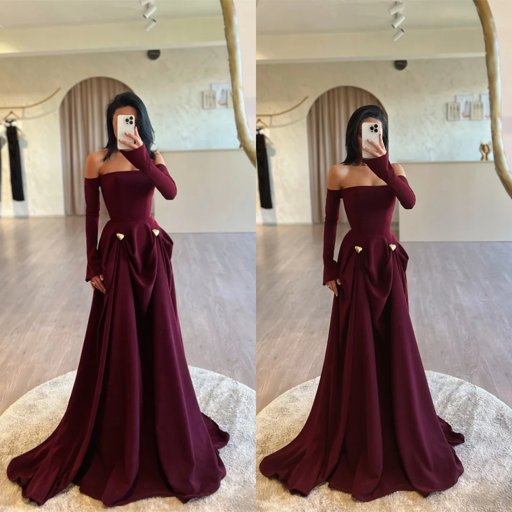 

Изысканное бордовое атласное вечернее платье по индивидуальному заказу, изящное коктейльное платье без бретелек с открытыми плечами и длинными рукавами на молнии сзади