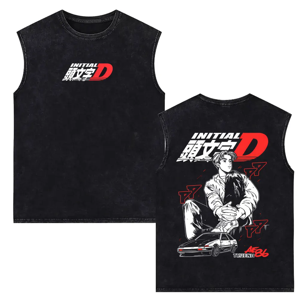 Anime Initial D Drift AE86 Takumi Fujiwara Vintage Washed Tank Tops Men Women Cartoon Manga Sleeveless Vest T-shirt Streetwear