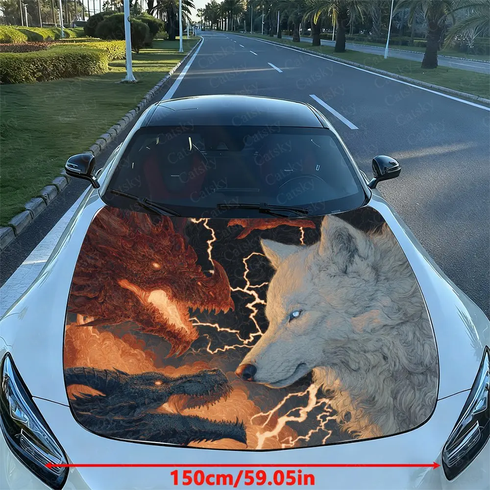 The Duel Between Wolf And Dragon Car Vinyl Wrap - PVC Material,Durable And Stylish Bonnet Decal For Cars, Trucks, And SUVs,Car S