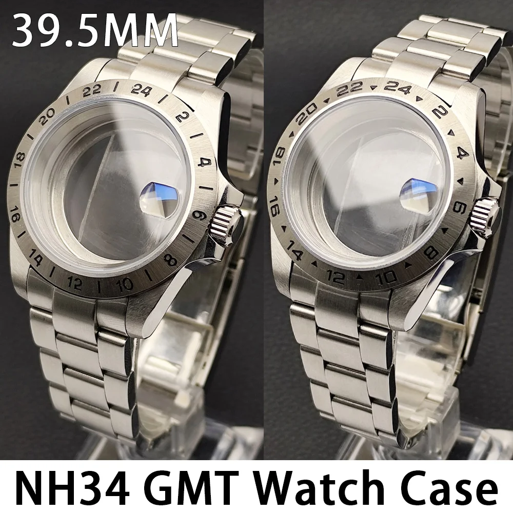 Корпус для часов GMT 39,5 мм, мужские серебристые часы, запчасти, совместимые с механизмами NH34, NH35, NH38, аксессуары, сапфировое стекло, циферблат NH34 28,5 мм