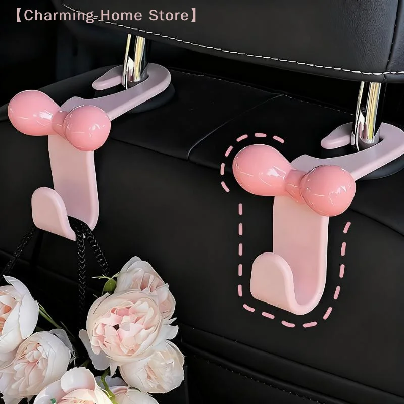 【M】2pcs/set Cute Bow Pink Car Seat Back Hook Non Marking Headrest Hanger For Purse Grocery Bag Car Organizer Accessory