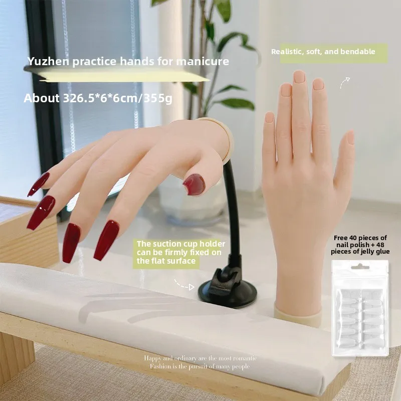 Simulated nail art practice, fake hand model, soft and bendable fingers, wearing armor pieces, style display, hand model