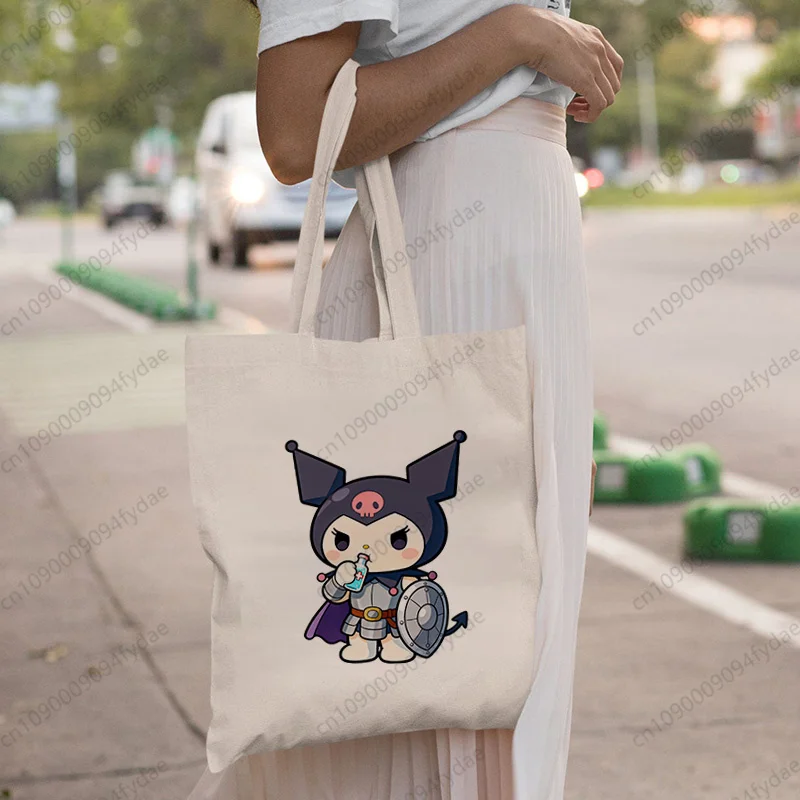 

Women Sanrio Kuromi Warrior Hammer Cute Graphic Printed Handbags Canvas Tote Shopping Bags Reusable Shopping Bag Eco Foldable