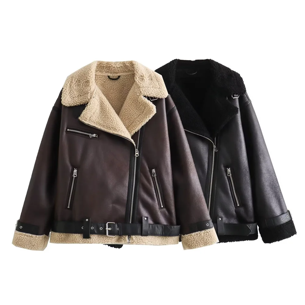 PB&ZA 2024 early autumn new women\'s casual fashion versatile belt plush collar double-sided jacket coat