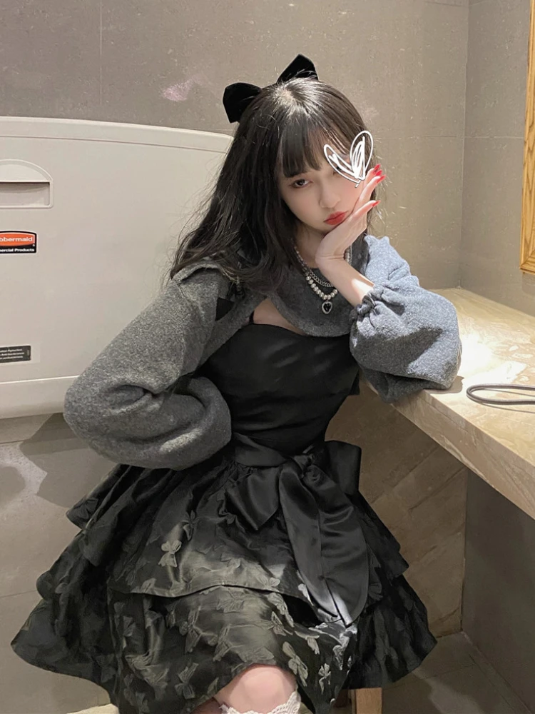 2022 Winter Black Sexy Strap Dress Women Patchwork Elegant Slim Casual Mini Dress Female Korean Fashion Bow Designer Party Dress