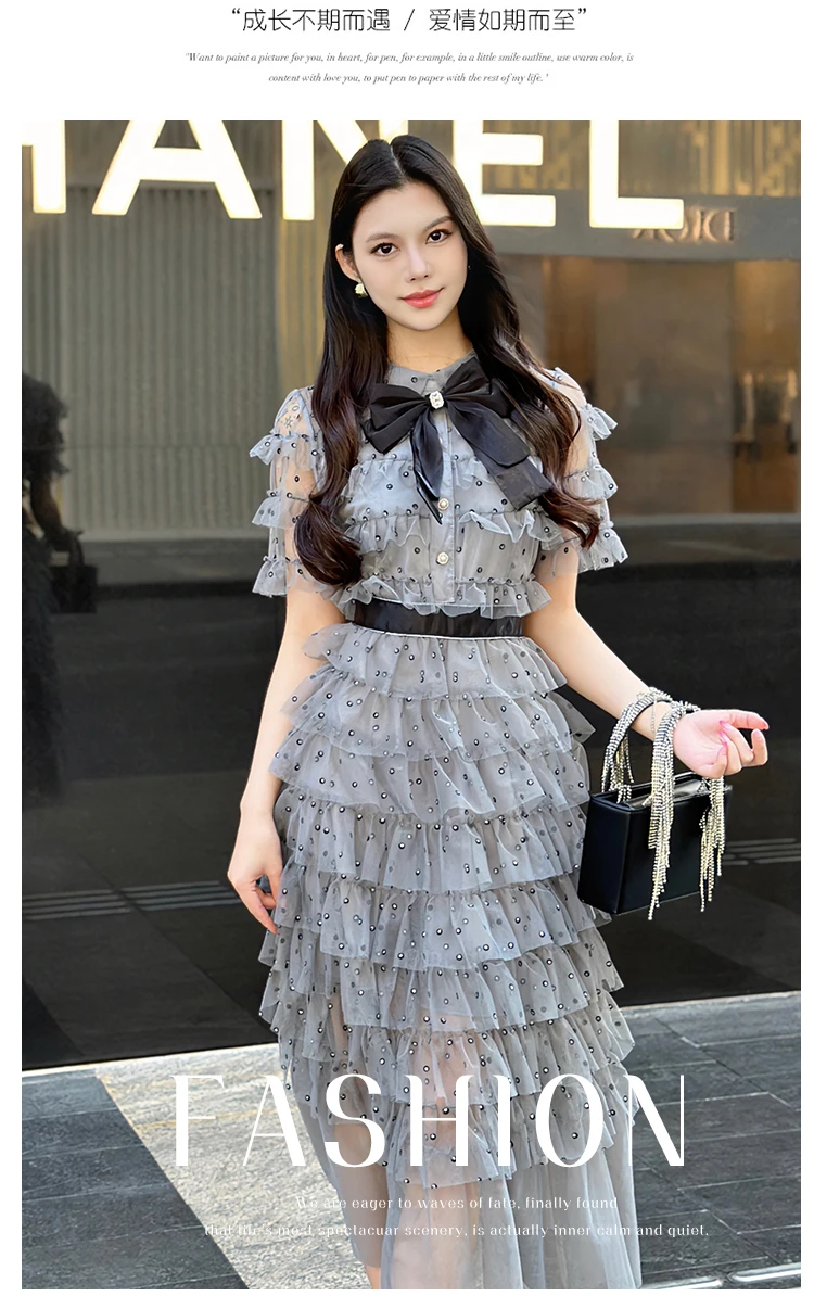 Polka Dot Flare แขนสั้นเพชร Maxi ชุดฤดูใบไม้ผลิและฤดูร้อนเอวสูง Multi Layered Ruffles Patchwork Vestidos