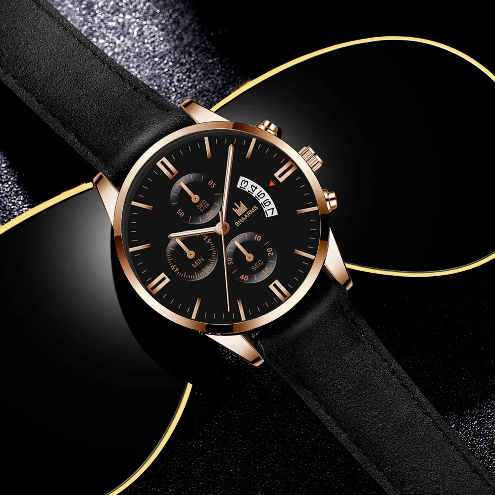 Men Watch Fake Three Eyes Business Calendar Fashion Sport Wrist Alloy Case Leather Band Business  Calendar Quartz WristWatch