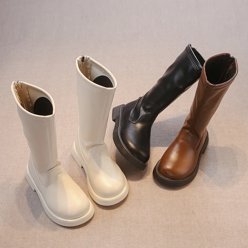 Autumn Girl's Long Boots Pu Leather Chunky Stylish Kids Boot Knee-high Pure Color Versatile Anti-skid Children Shoes 26-36