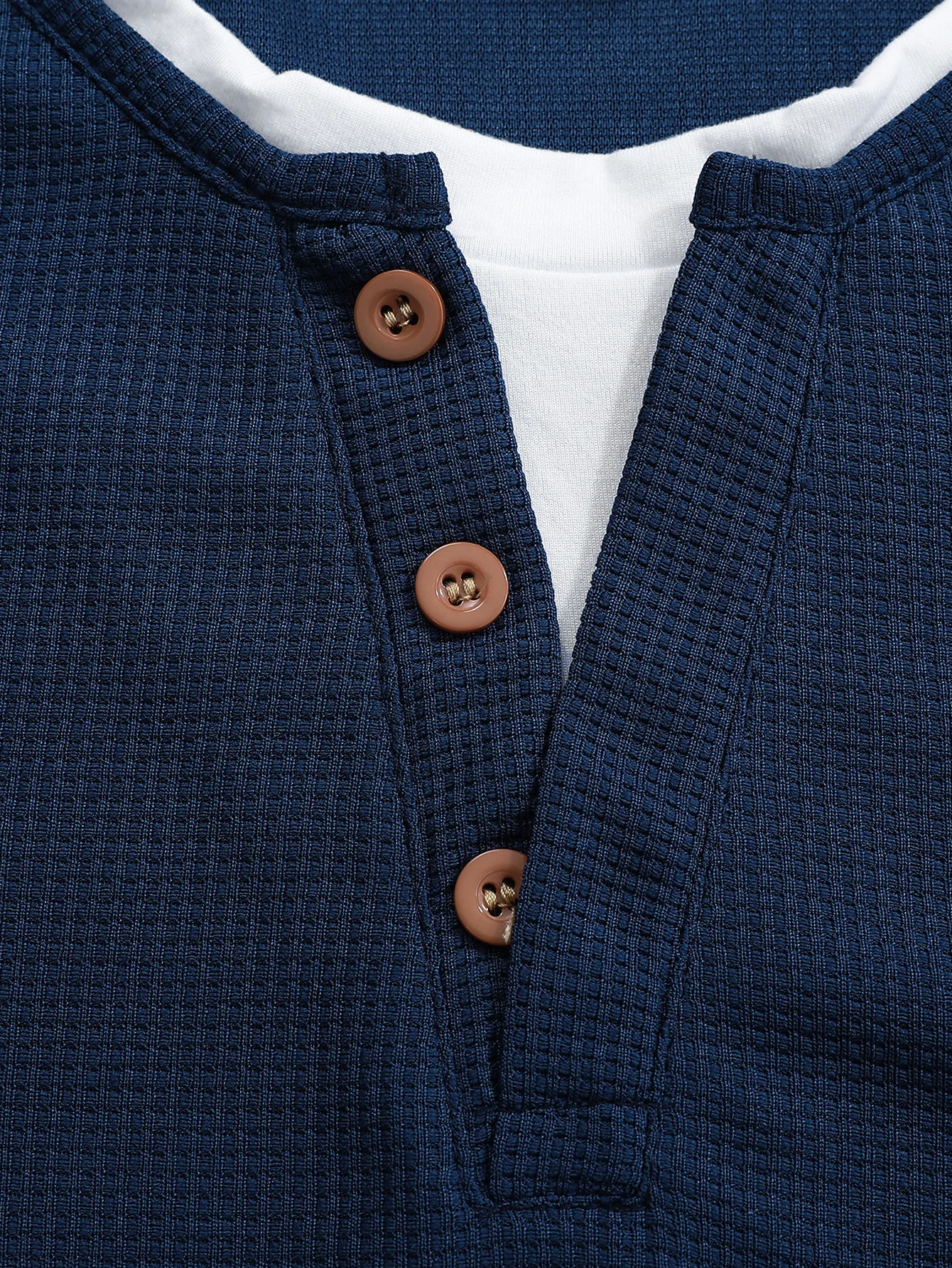 Men's New Button Henley Neck Shirt Long Sleeve Casual Button Solid Color T-Shirt Fashion Waffle Cotton Fake Two-piece T-Shirt