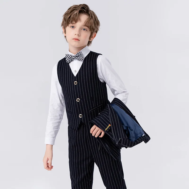 Boys Striped Jacket Vest Pants Bowtie Brooch 5Pieces Blazer Set for Wedding Kids Formal Birthday Host Piano Performance Dress