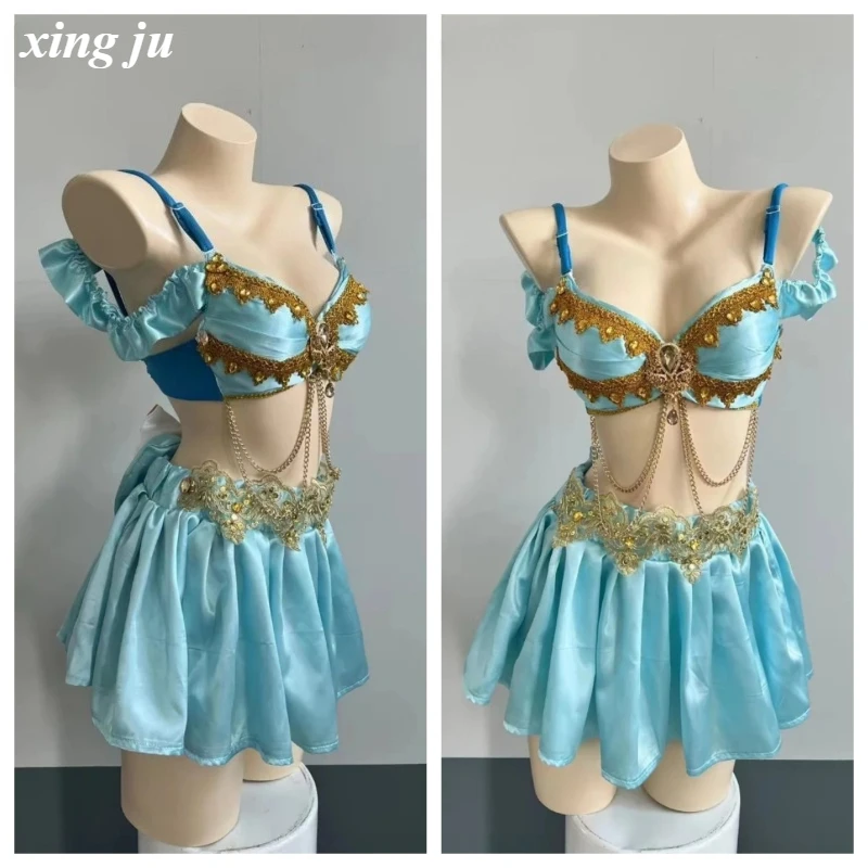 

Роскошный комплект Xing Ju: топ-халтер со стразами и юбка для выступлений, сексуальный наряд для ночного клуба, диджеев, танцевальных выступлений, певиц, вечеринок и сценических мероприятий
