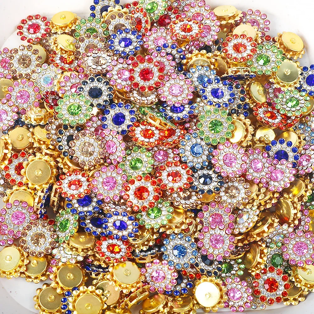 20pcs 14mm Sunflower Crystal Glass Drill Hand Stitch Metal Base Rhinestone DIY Necklaces Clothes Cell Phone Cases Accessories