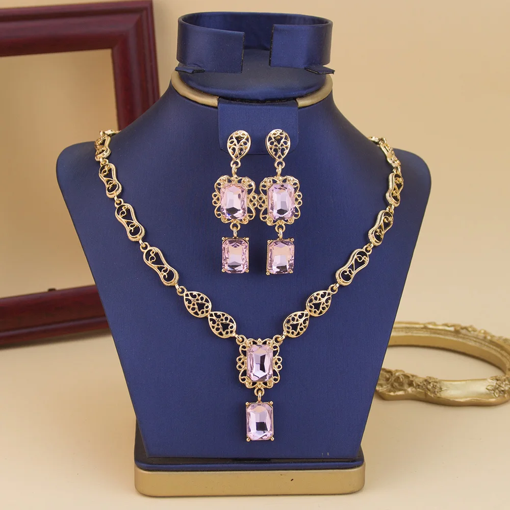 Marokko Stil Halskette Ohrring Set Für Frauen Luxus Arabisch Rot Grün Kristall Quadrat Anhänger Hals Chian Braut Schmuck – Detail 6