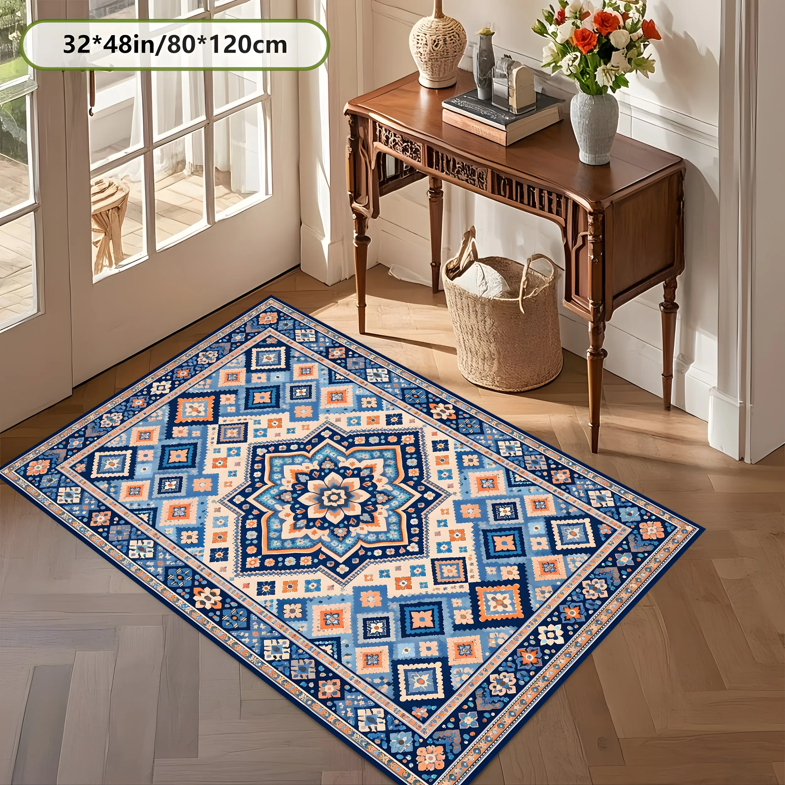 Persian Area Rug, Central Floral with Geometric Color Blocking, Soft Skin-Friendly Velvet for Living Room Bedroom Home Decor