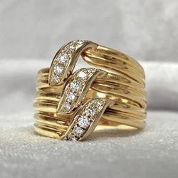 Huitan Gorgeous Women Wedding Rings Gold Color Wide Band Statement Female Finger-rings for Party Luxury Cubic Zirconia Jewelry