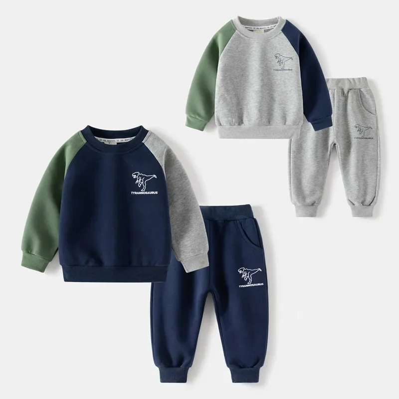 

2025 New Arrival Boys Children's Top and Bottom Clothes Set Dinosaur Print Color Block Kids 2Pcs Tracksuit Sets Sport Outfits