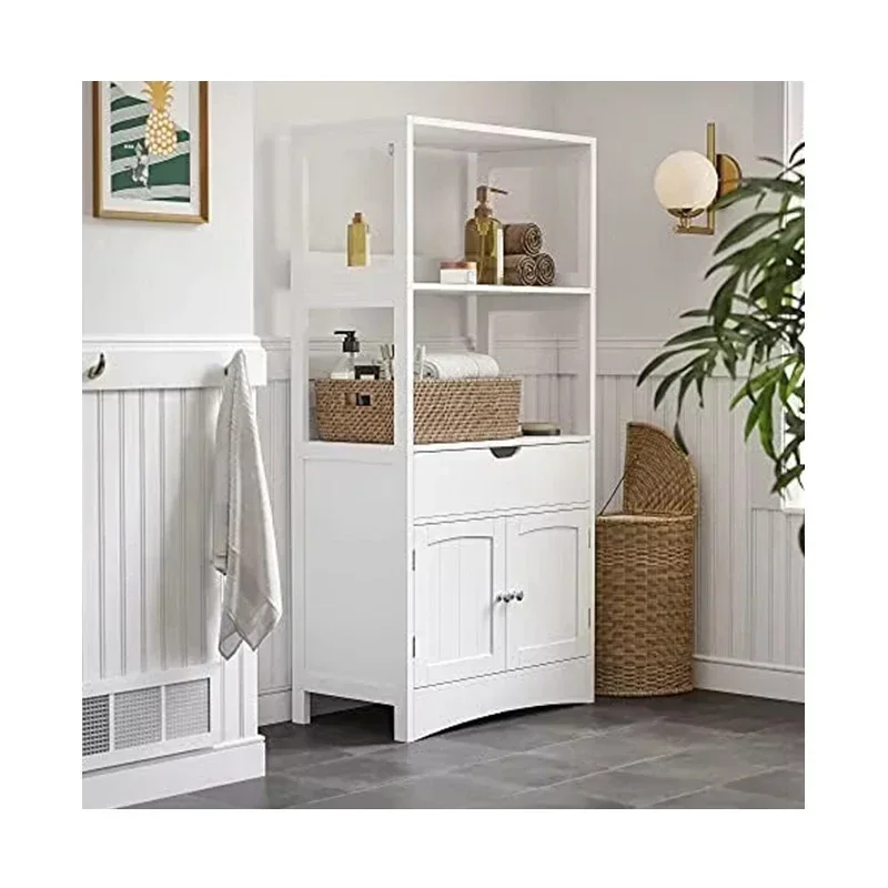 

2 Open Shelves and Door Cupboard White Bathroom Storage Cabinet Bathroom Furniture Set with Drawer