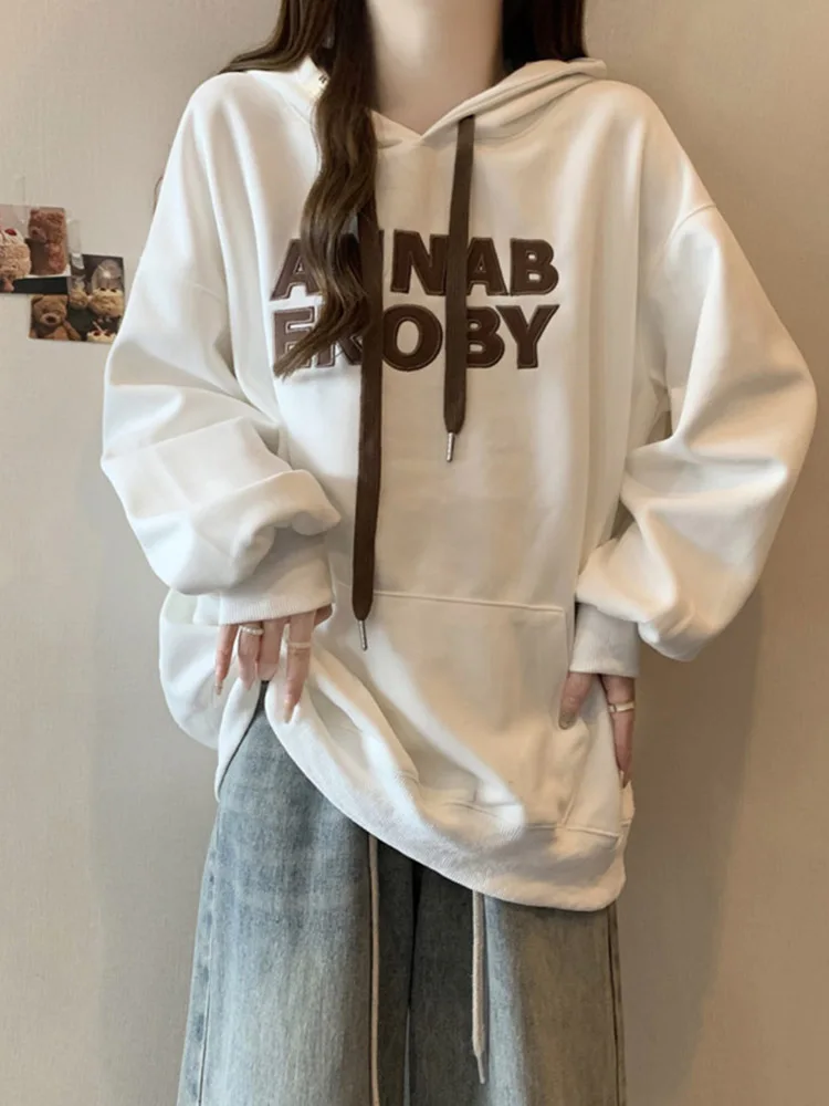 

Свободная женская толстовка с капюшоном большого размера, белая, с буквенным принтом, универсальная верхняя одежда в корейском стиле, осень-зима, новинка