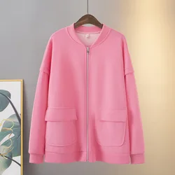 Womens Plus Size Zipper Jacket Autumn Casual Clothing Fashion Solid Color Big Pocket Baseball Uniform Outwear Curve Coat J8 8866