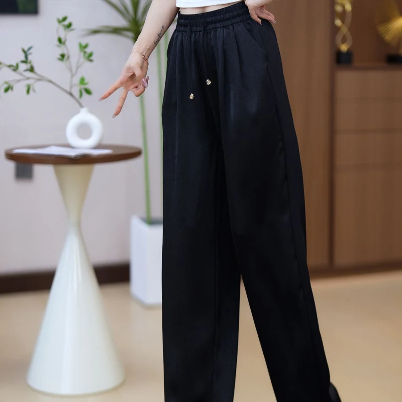 Summer Solid Color Elastic Waist Wide Leg Trousers Women High Street Casual Loose Satin Face Pockets Drawstring Patchwork Pants