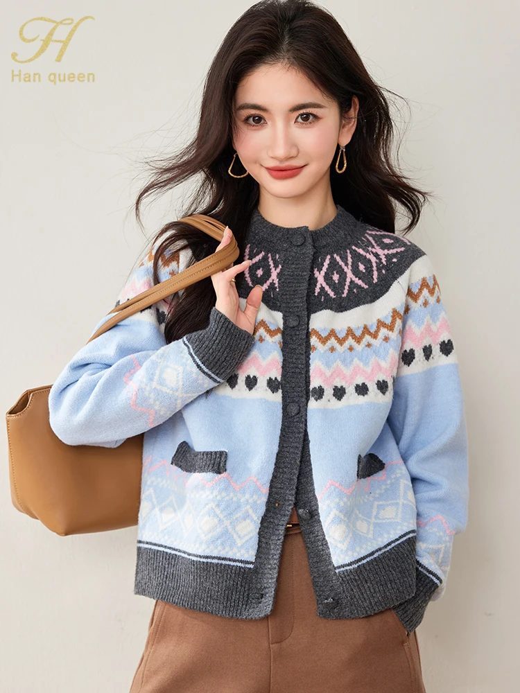 

H Han Queen Knitted Geometric Pattern Cardigans Sweater O-neck Spring Autumn Single Breasted Women Sweaters