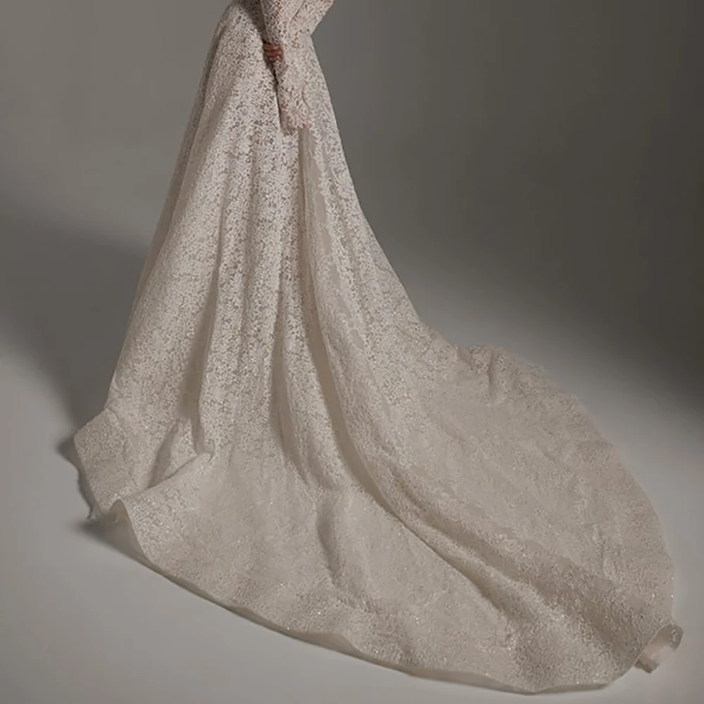 Off Shoulder Lace Wedding Dress Long Sleeves A Line Pearls Beading Court Train Bridal Gowns Elegant Ivory Robe De Mariage 2026