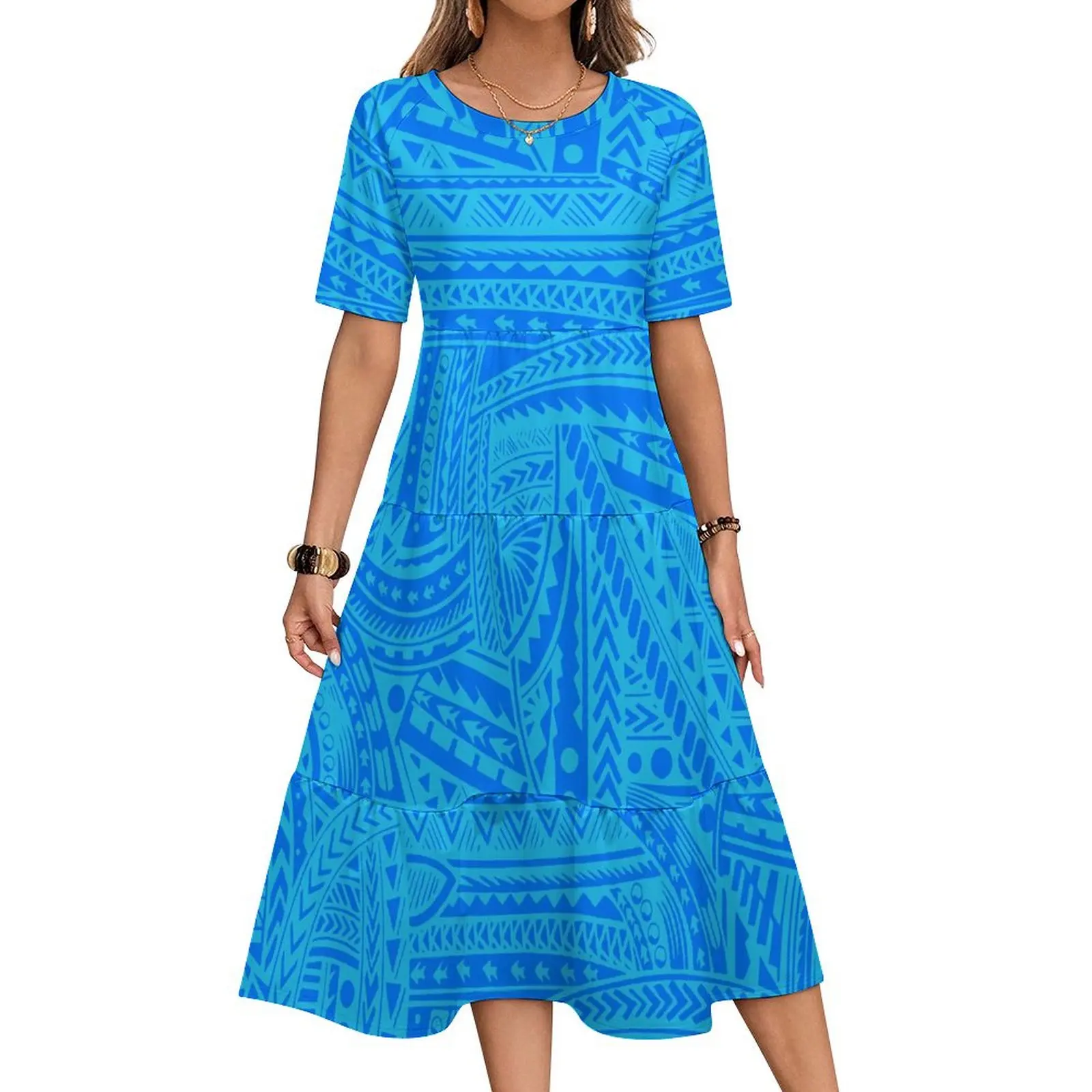 Novo design tribal de tonga polinésia ajuste vestido samoano multi em camadas vestido feminino manga curta maxi vestido casual roupas tamanhos grandes