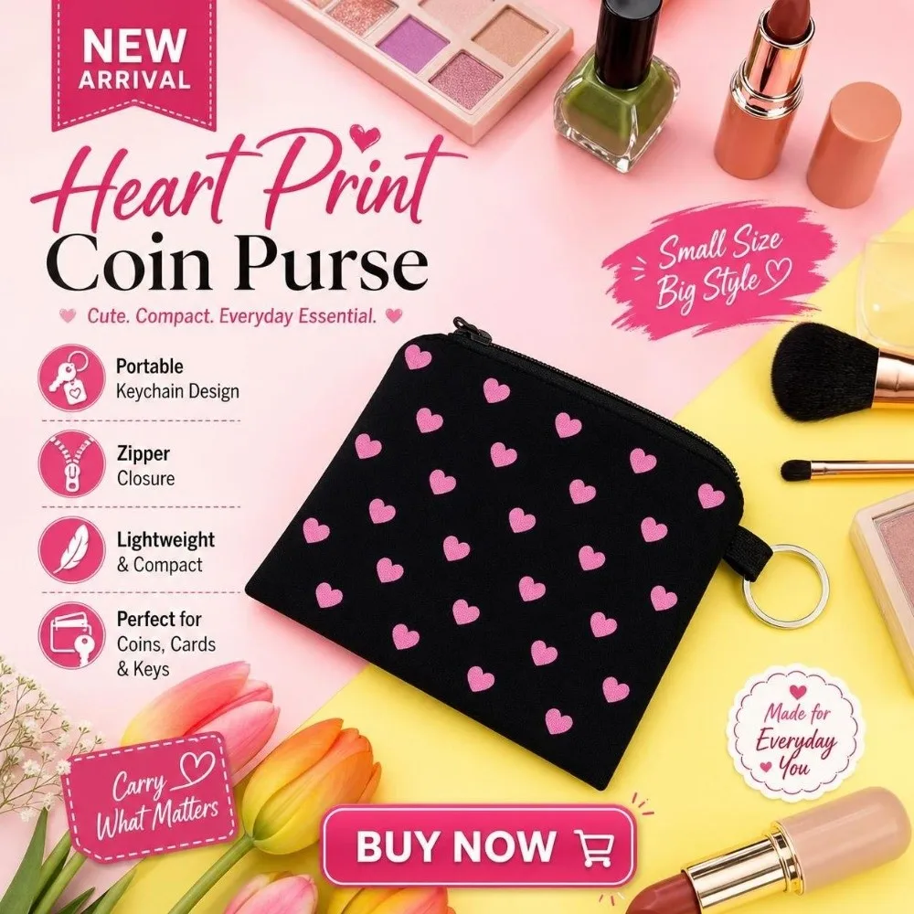 Love Heart Black Coin Purse Printed Easy Access Zipper Makeup Bag with Key Ring Zip Pouch Coin Key Card Holder Holiday Gift