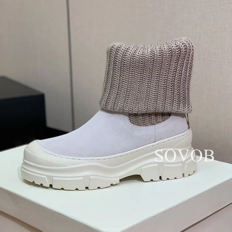 New Winter Color Blocked Flat Bottomed Thick Soled Short Boots Women Round Toe British Style Versatile Elastic Boots Snow Boots