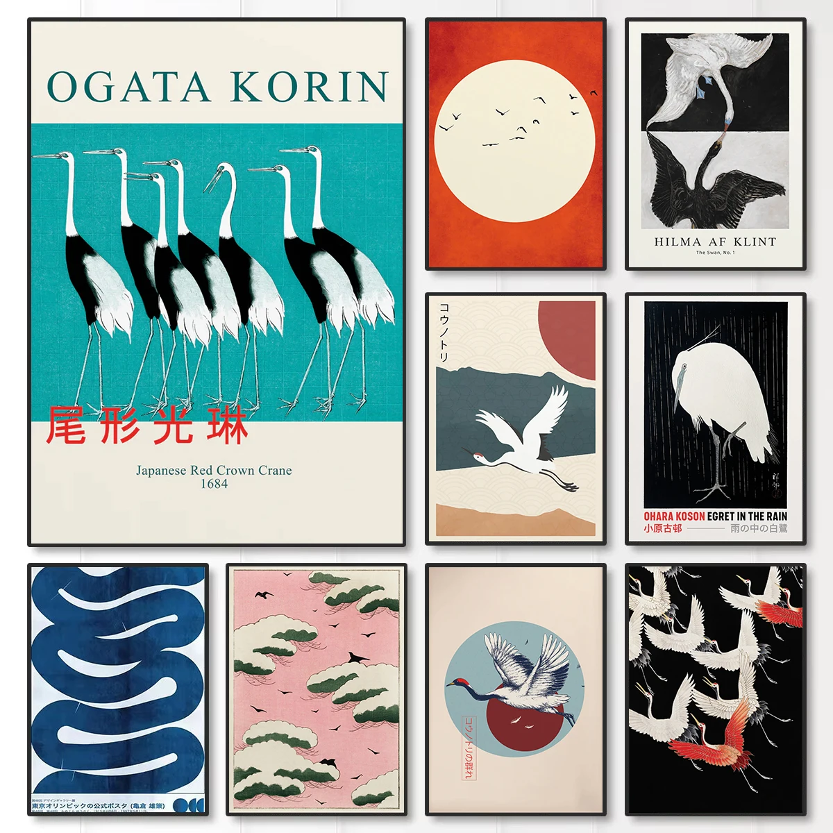 Hokusai Ohara Koson japanischer weißer Kranich, Leinwanddrucke, fliegende Vögel und Sonnenuntergang, Wandkunst, Poster für modernes Wohnzimmer, Heimdeko