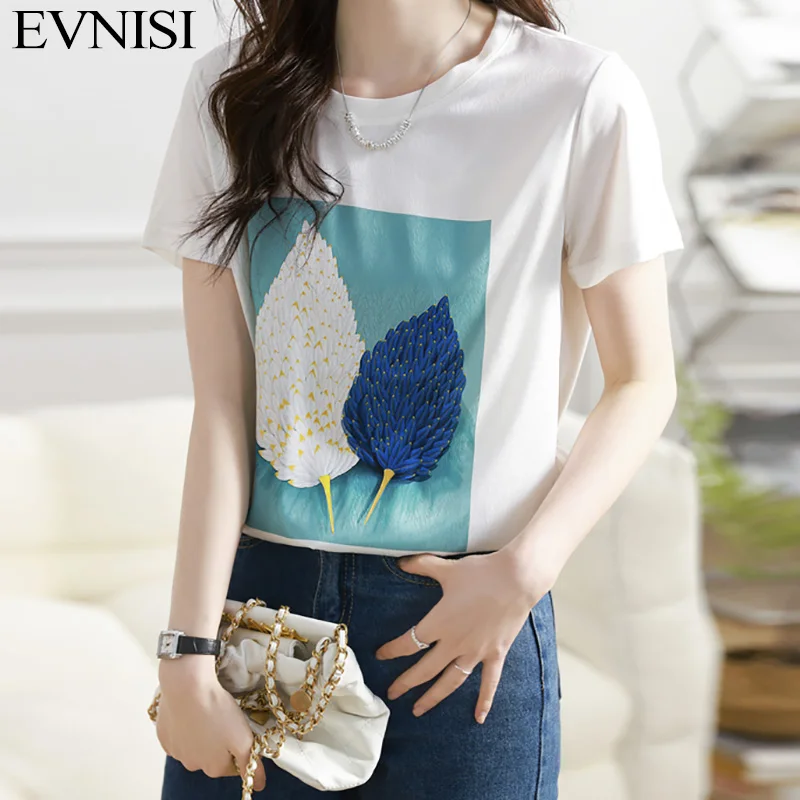 

EVNISI Women Floral Printing T-shirt O-Neck Casual Office Knitted Tops Short Sleeve White Cotton Summer For Women Loose T-shirt